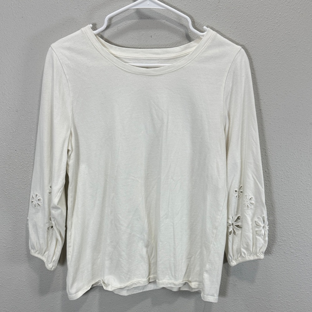 Laurie Felt Ivory Long Sleeve Top with Floral Cutout Sleeves - Picture 3 of 8